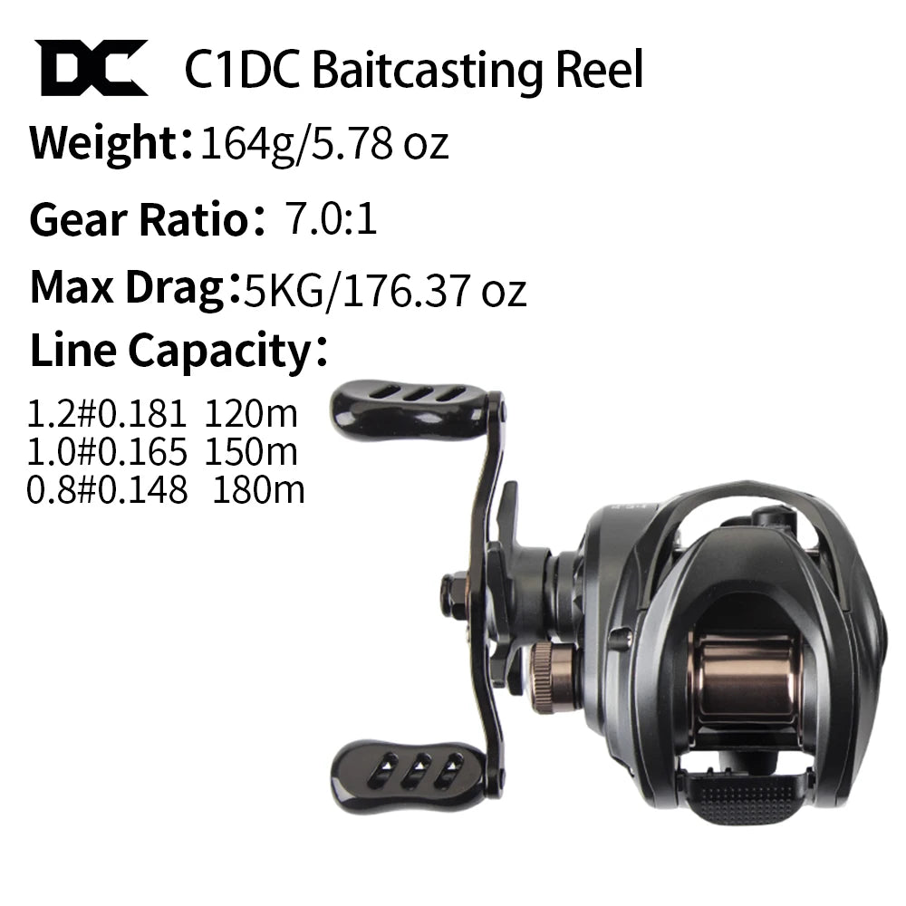 FISHINFANS C1DC Baitcasting Fishing Reel Long Cast Max Drag 5kg Carbon Washers Brass Gears 7.0:1 5+1B DC Fishing Reel