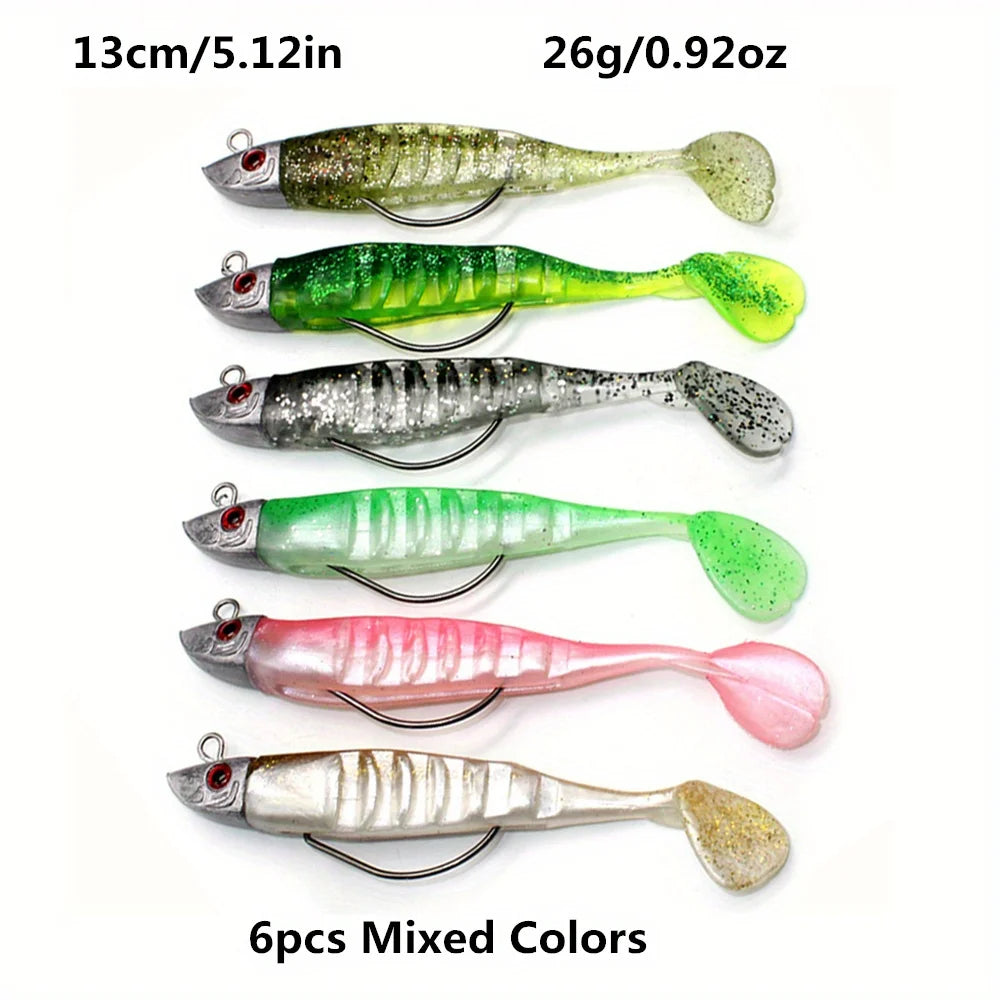 Mixed 6-Piece Set of Jig Head Soft Baits, 3.94inch / 5.12inch Paddle Tail Swimbaits with Jig Heads Suitable for Saltwater and Freshwater Fishing, Detachable Lures, Suitable for Bass, White Catfish, Rockfish