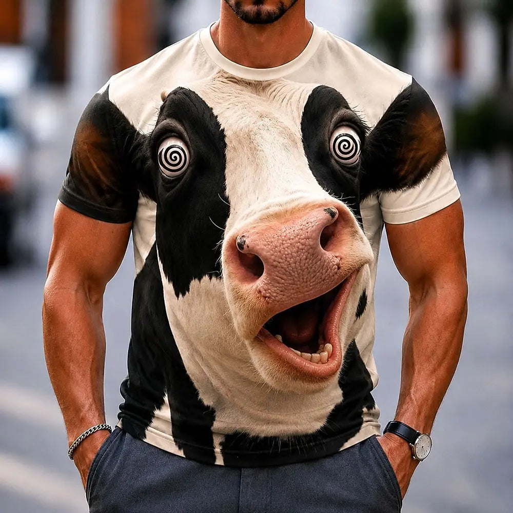 Men's Funny Cow 3D Big Face Print T-Shirt Realistic & Cartoon Dairy Humor Graphic Crew Neck Short Sleeve Tee