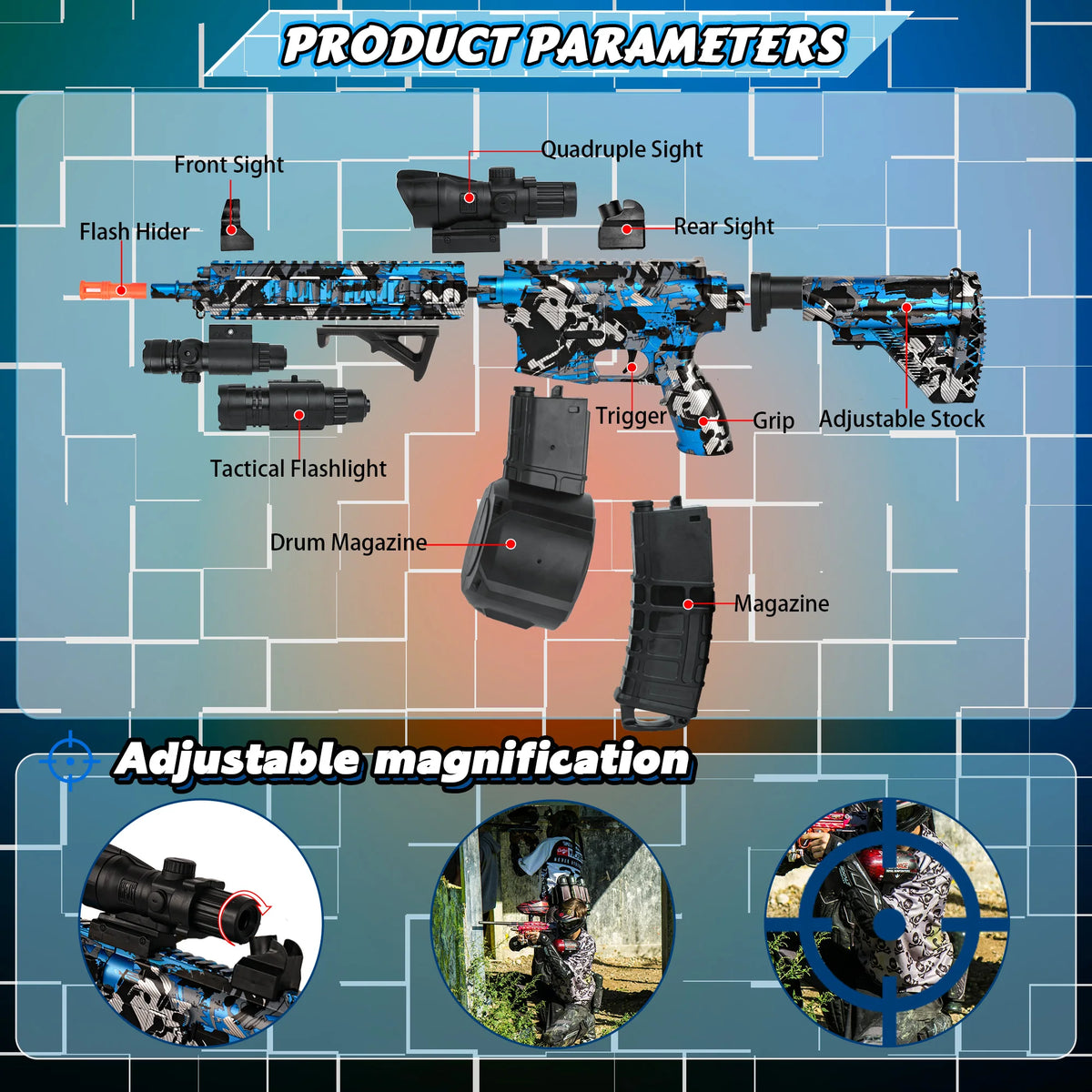 Electric Toy Gun Gel Explosive M416with Scope Semi-Auto & Auto Modes Tactical Camo Design for Kids & Hobbyists