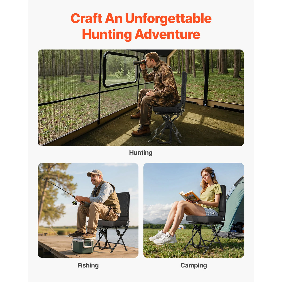 SucceBuy Hunting Chair 360° Silent Swivel Foldable Lightweight Portable Blind Chair with Adjustable Shoulder Strap for Fishing