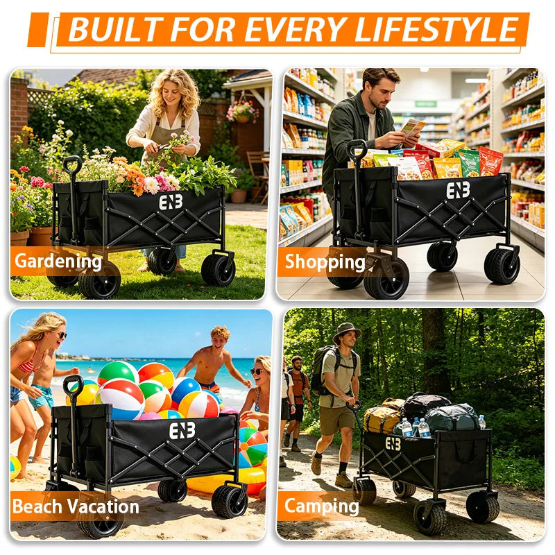 Quiet All-Terrain Folding Multifunctional Shopping Cart—Large Storage Capacity, One-Button Folding for Easy Storage, Black Waterproof Oxford Fabric with Side Cup Holders—Ideal for Camping, Outings, Gardening, and Heavy-Du