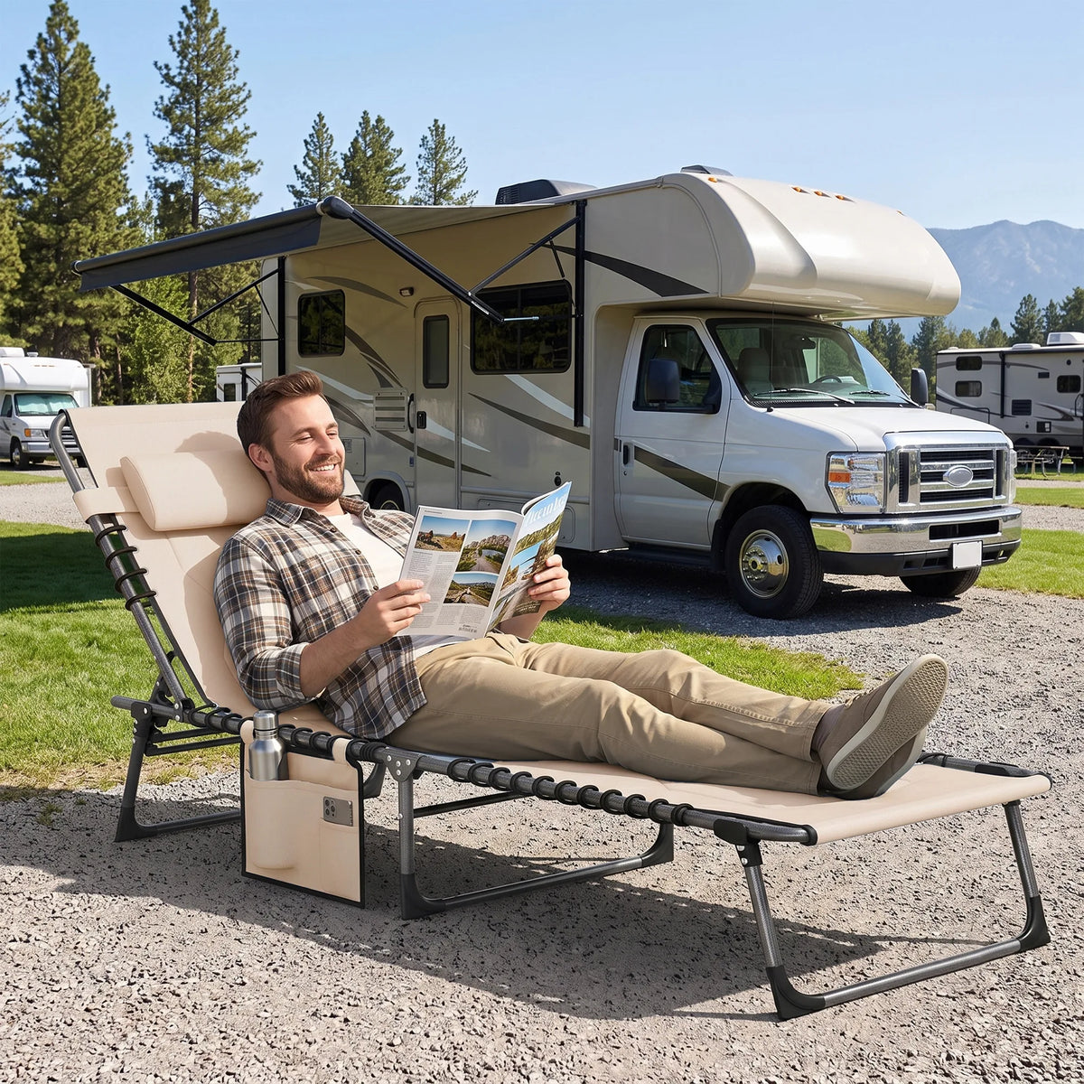 Outdoor Reclining Folding Chaise Lounge Chair, Adjustable, Padded, Pocket, Beige