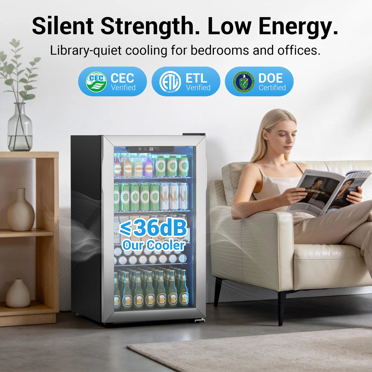 140 Can Mini Fridge with Glass Door for Soda Beer for Office, Bar Adjustable Removable ShelvesBeverage Refrigerator and Cooler,