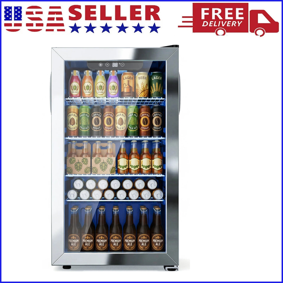 140 Can Mini Fridge with Glass Door for Soda Beer for Office, Bar Adjustable Removable ShelvesBeverage Refrigerator and Cooler,