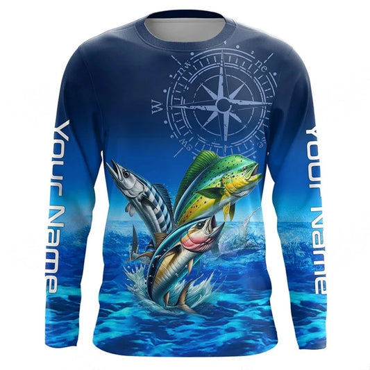 Men Blue Fishing 3D Print Long Sleeve  T-shirt  Breathable Performance Fashion Tops Tees Fishing Lover Tshirt Mens Clothing