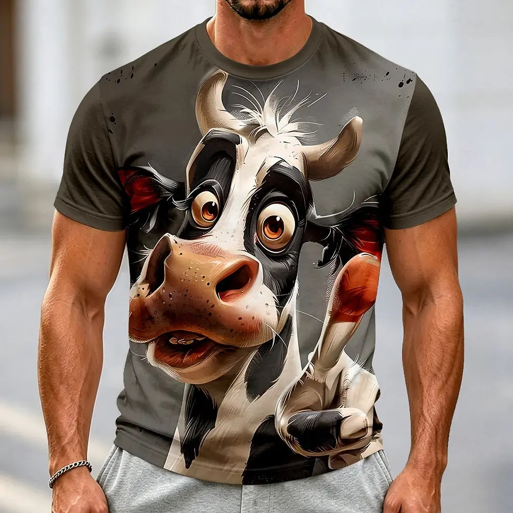 Men's Funny Cow 3D Big Face Print T-Shirt Realistic & Cartoon Dairy Humor Graphic Crew Neck Short Sleeve Tee