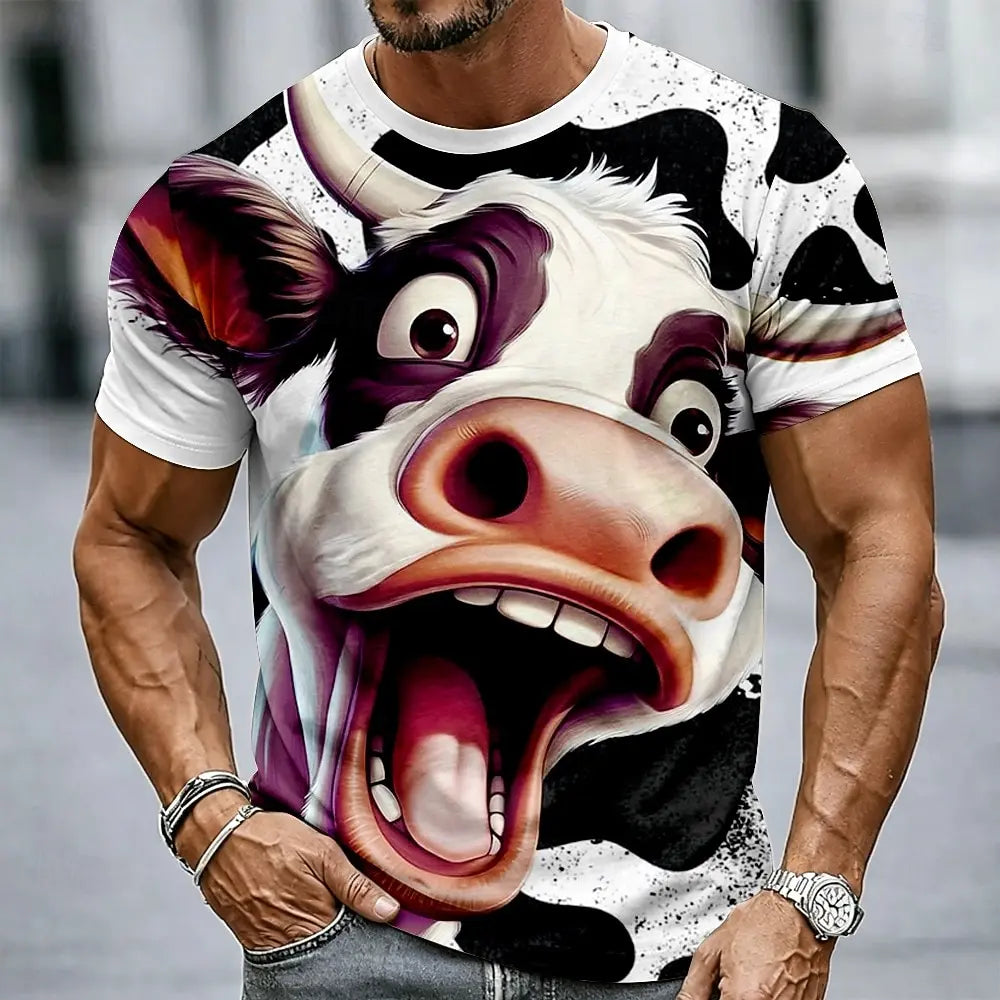 Men's Funny Cow 3D Big Face Print T-Shirt Realistic & Cartoon Dairy Humor Graphic Crew Neck Short Sleeve Tee