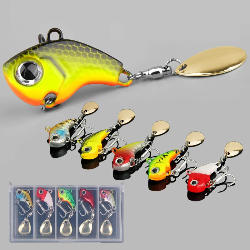 A Set of 5 Hard-Metal Lure Fishing Games, Rotating Spoon VIB, Artificial Bait for Catching Bass, Suitable for Both Freshwater an