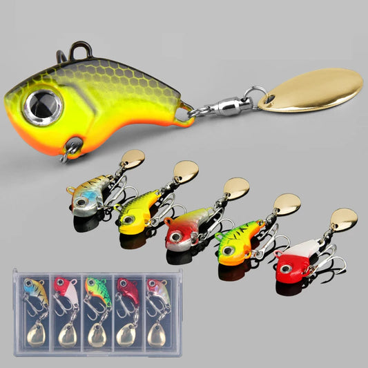 A Set of 5 Hard-Metal Lure Fishing Games, Rotating Spoon VIB, Artificial Bait for Catching Bass, Suitable for Both Freshwater an