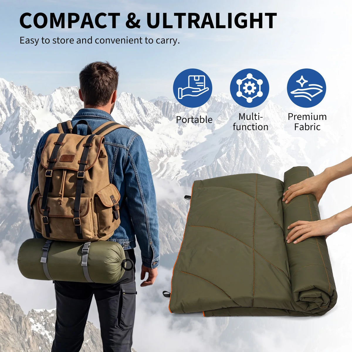 Puffer Camping Blanket, 79"×55" Waterproof Warm Outdoor Blanket, Compact Lightweight Quilted Throw for Cold Weather Traveling Hiking Camping