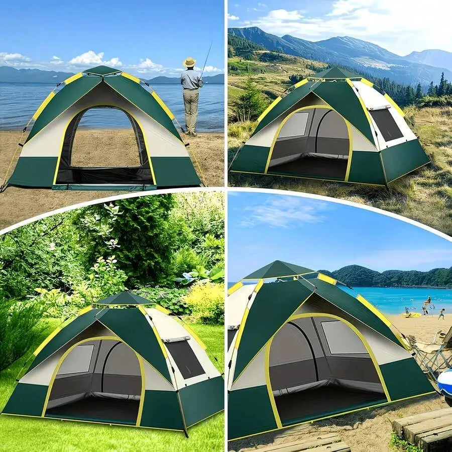 Automatic Instant Setup Camping Tent, 1-3/3-4 Person All-Season Tent With Dual Doors & Mesh Windows, Windproof Lightweight Green