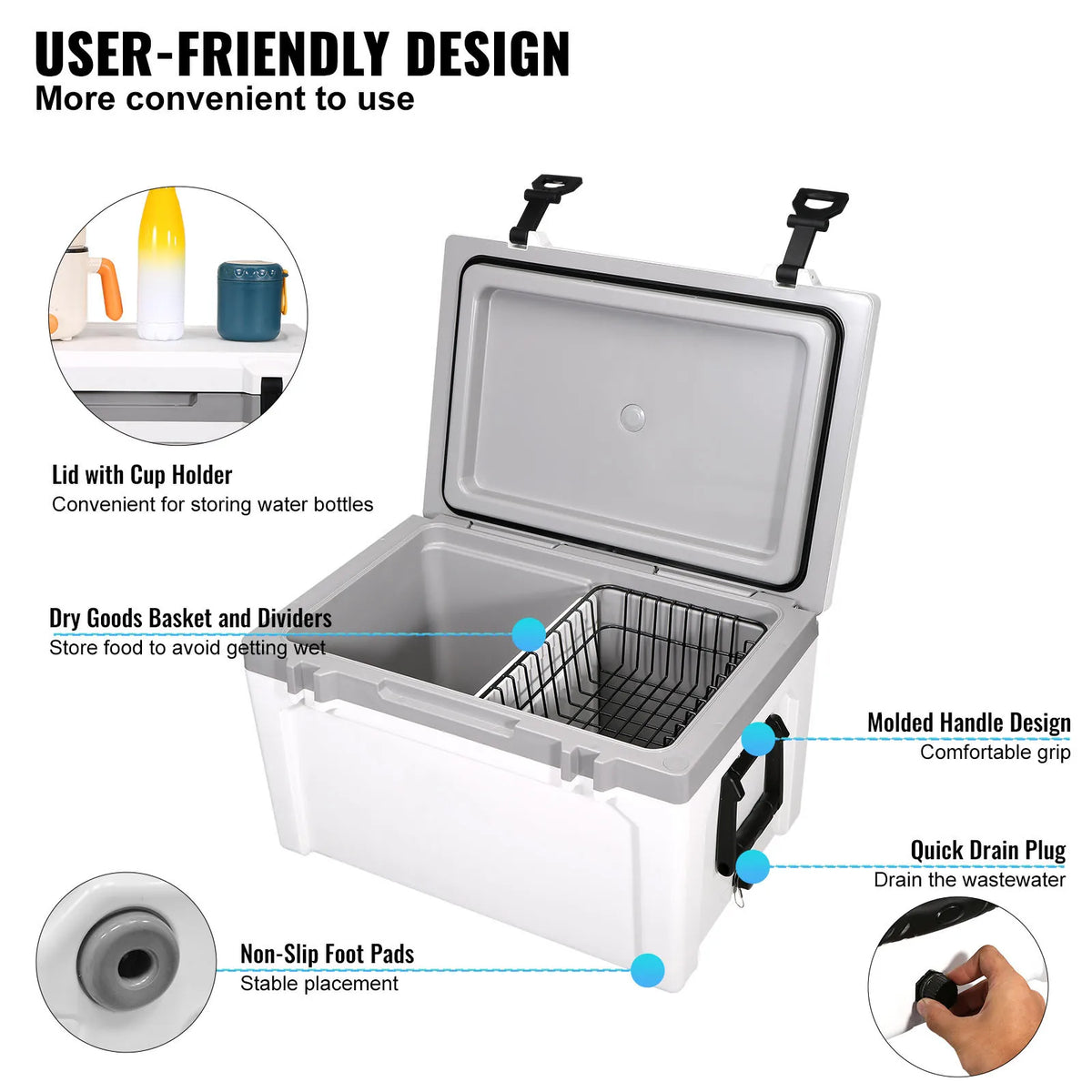 SucceBuy 52 QT Portable Hard Cooler Fully Insulated Ice Chest Cooling Box Goods Basket for Beach Outdoor Camping Travel