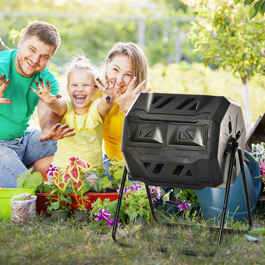 Garden Compost Bin Dual Tumbler Rotating Outdoor Composter with Sliding Doors