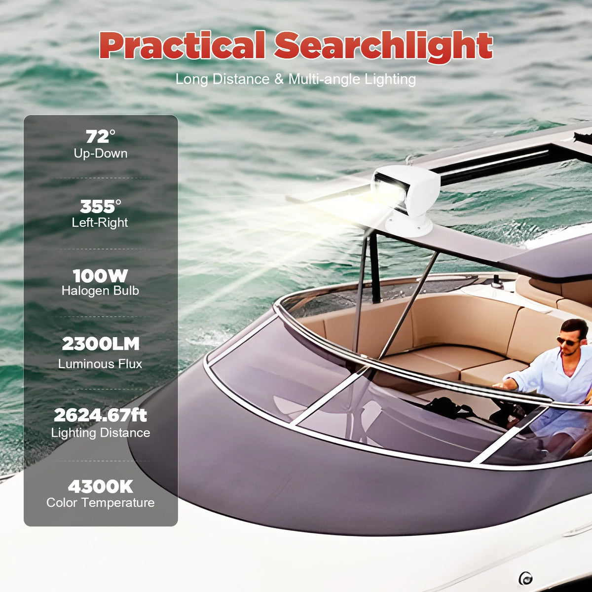 Spotlight Marine Spot Light Boat Searchlight Remote Control 12V 100W Waterproof, White, 360° Rotatable for Boat