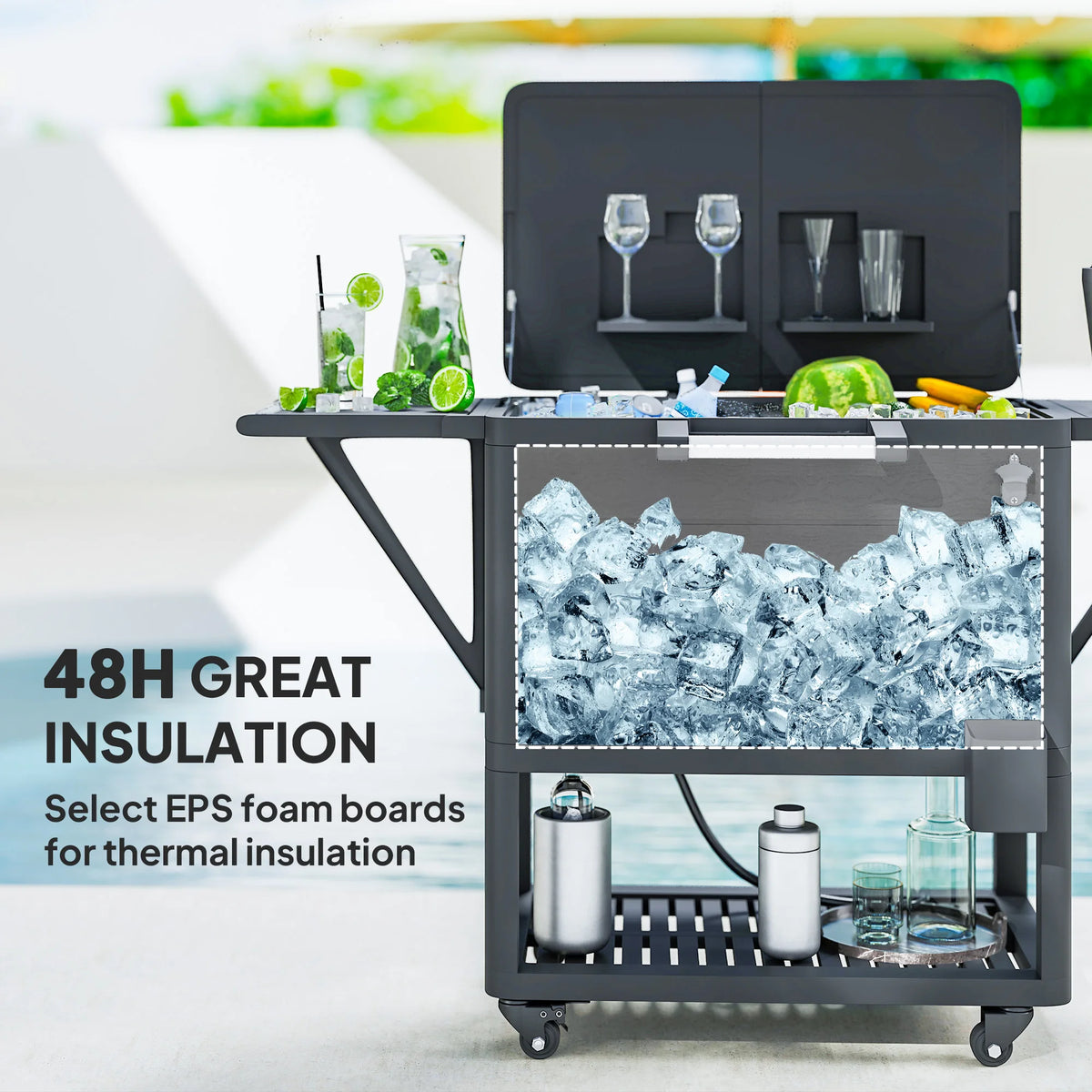 Patio Cooler Cart 104 Quart Rolling Ice Chest with Shelves, Black