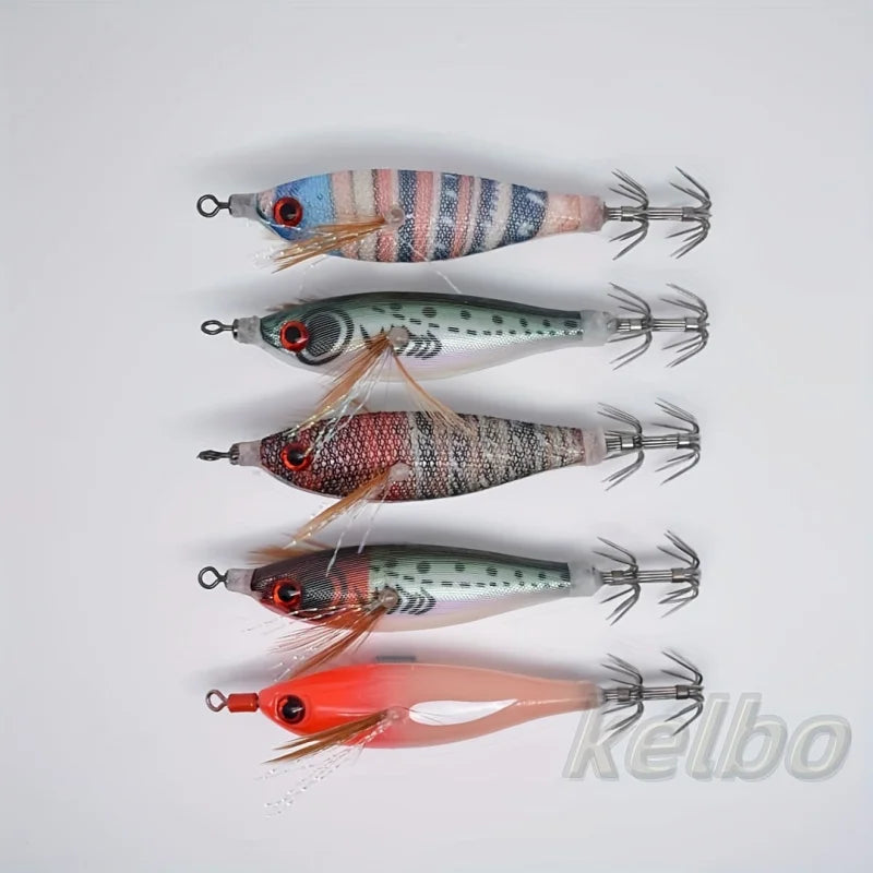 5pcs Glow-in-the-Dark Fishing Lures with 3D Eyes - Realistic Shrimp, Squid, Octopus - Hard Bait Jig Lures with Hooks, Non-Toxic,