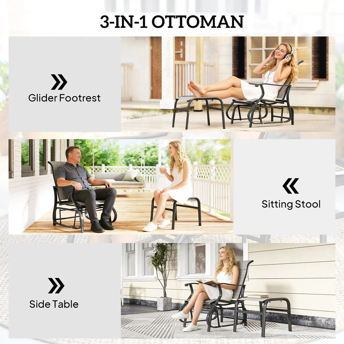 Outdoor Glider with Ottoman, High Back Patio Glider Set, Gray