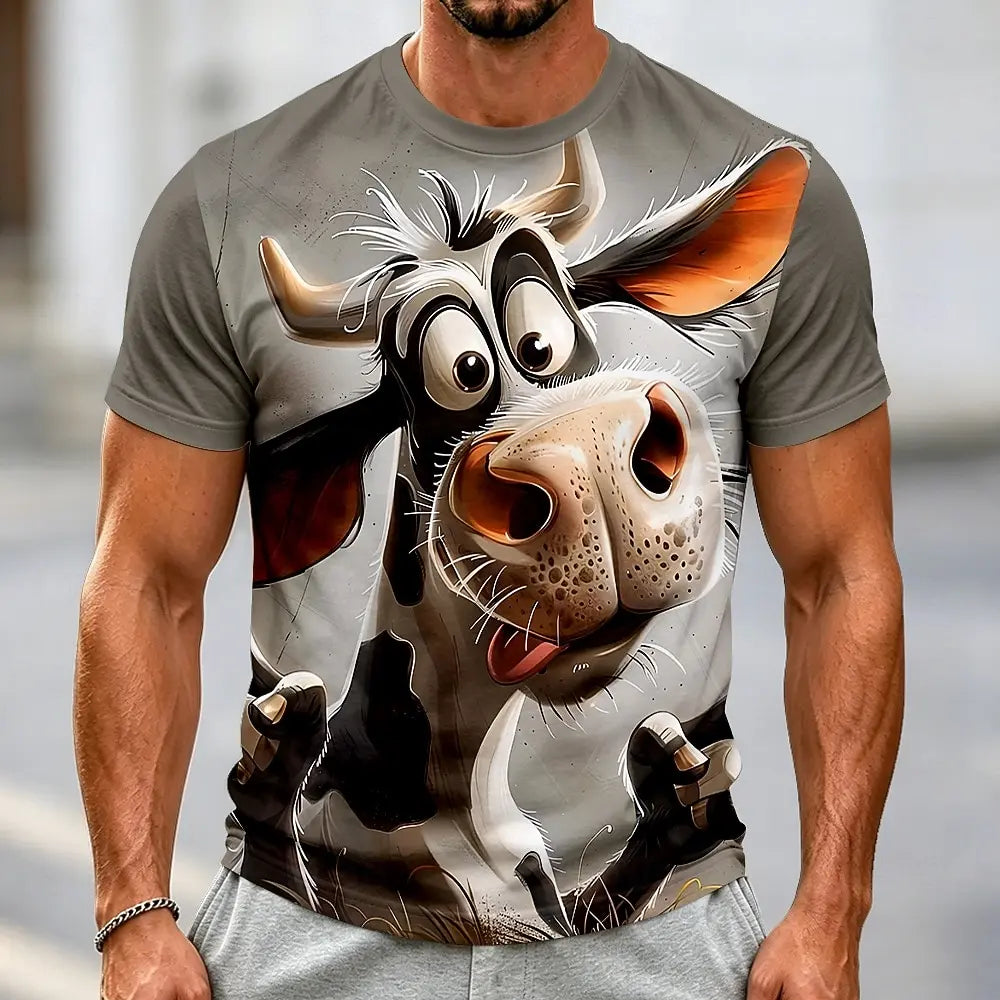 Men's Funny Cow 3D Big Face Print T-Shirt Realistic & Cartoon Dairy Humor Graphic Crew Neck Short Sleeve Tee