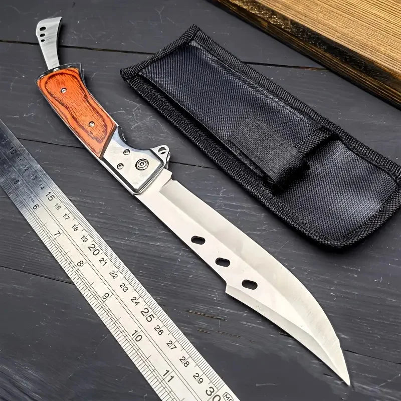 Tactical Folding Knife with Solid Wood Handle, High-Hardness Stainless Steel Blade, V-Grind Edge, Foldable Design for Camping, S
