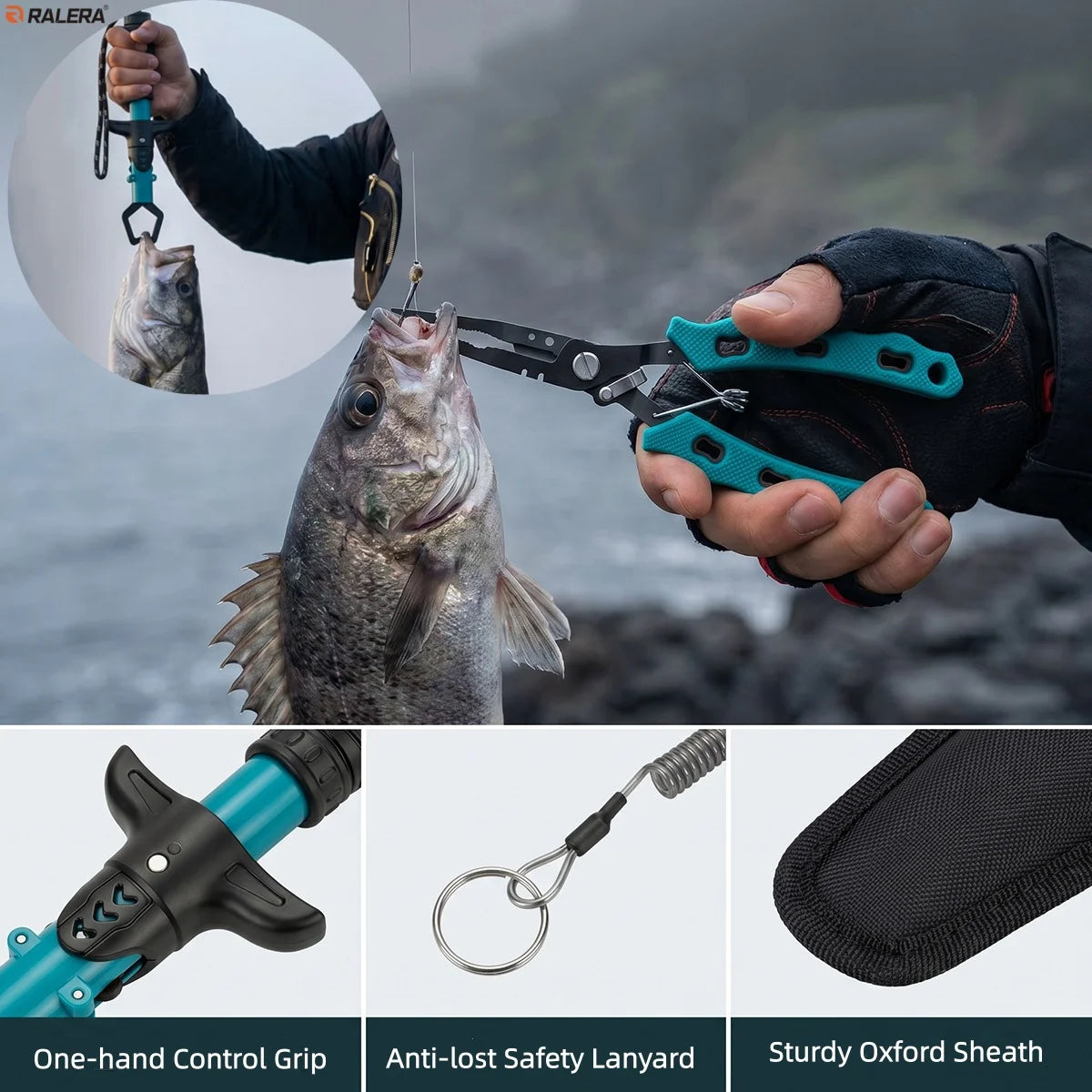 RALERA Saltwater Resistant Fishing Gear Tackle Kit: Fillet Knife, Fish Lip Gripper, Split Ring Fishing Pliers, Fishing Gifts for