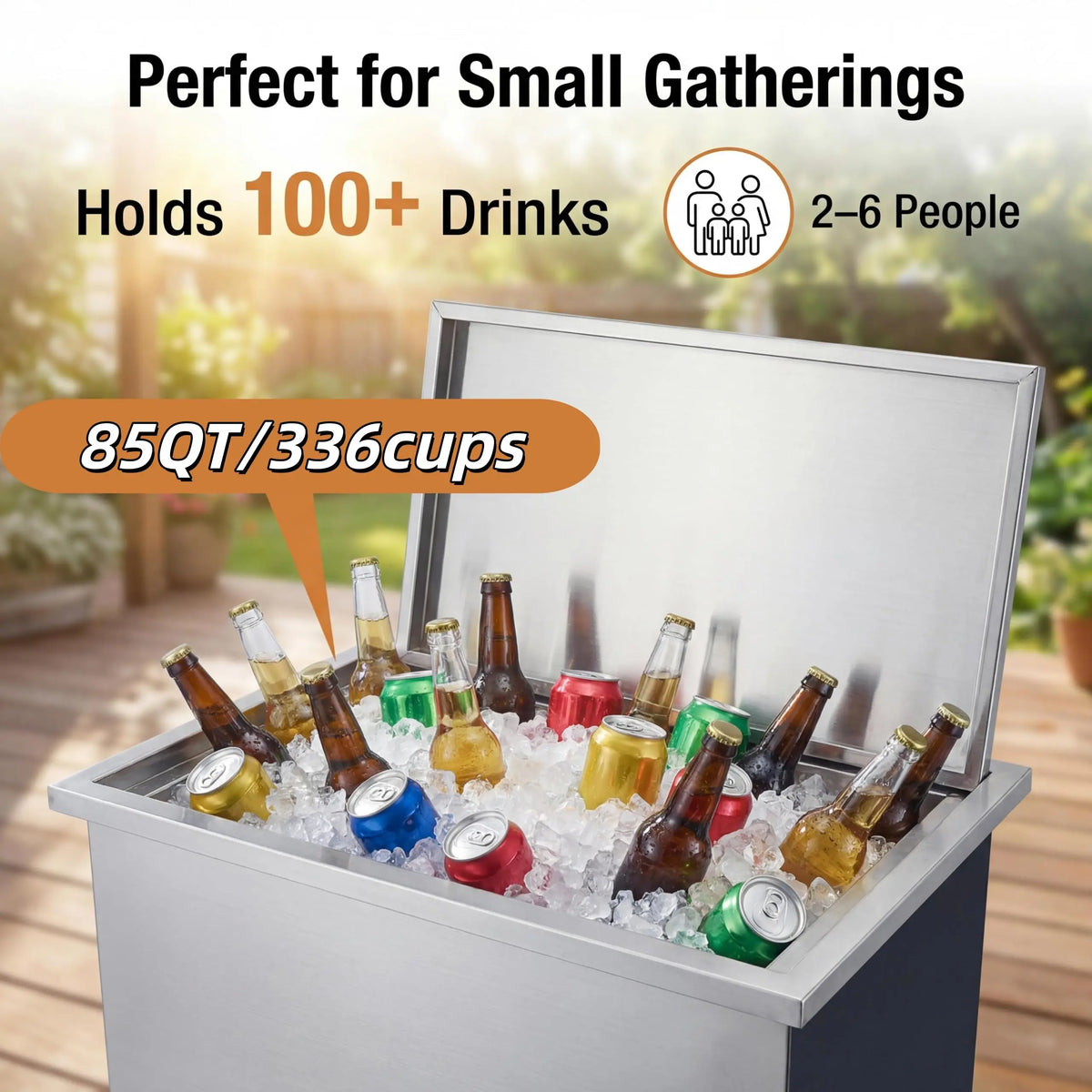 85QT Built‑In Ice Chest Cooler with Lid, Stainless Steel Drop‑In Ice Bin, 24H Cooling, Drain System for Outdoor Kitchen Bar Party