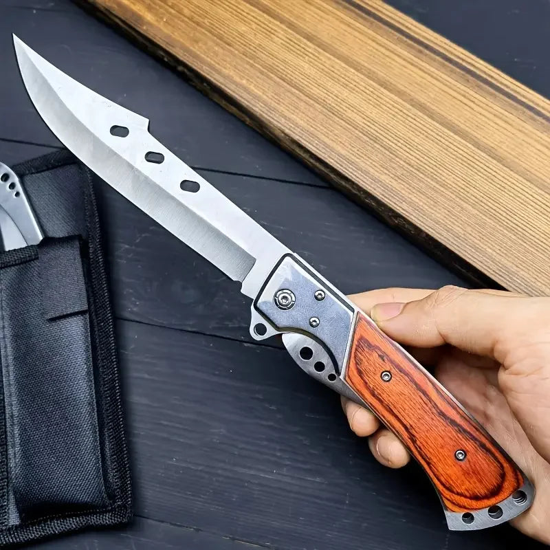 Tactical Folding Knife with Solid Wood Handle, High-Hardness Stainless Steel Blade, V-Grind Edge, Foldable Design for Camping, S