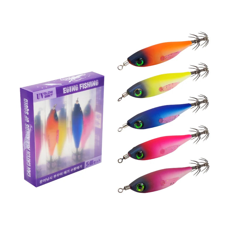 5Pcs UV Glow Squid Jig Egi Lures Sharp Hooks Luminous Wooden Shrimp Bait Saltwater Octopus Cuttlefish Sea Fishing Tackle Kit