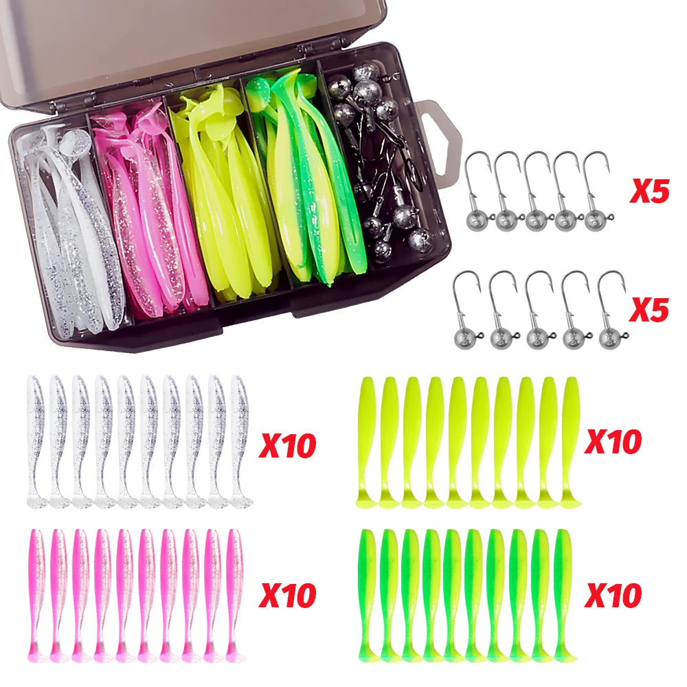 50PCS/Box Metal Jig Bait 5.5cm 7cm 10cm Soft Lure 3g 5g 7g 10g 14g Jigging Head Hook Carp Fishing Box Pesca Sinking Lure Kit