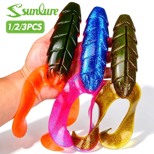 Sunlure 1/2/3PCS Large Double Curly Tail Lure Silicone Soft Plastic Worm Bait Ribbed Body Artificial Saltwater Fishing Tackle