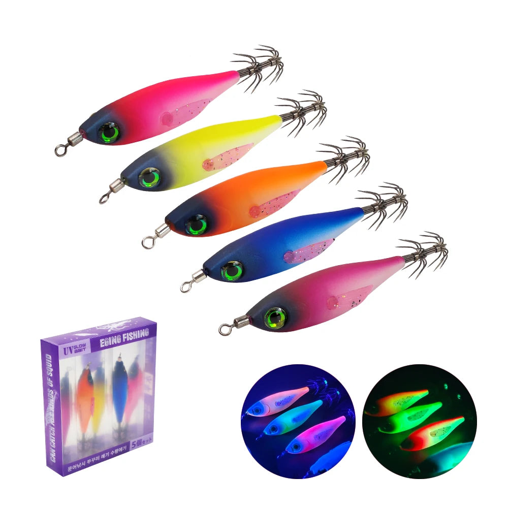 5Pcs UV Glow Squid Jig Egi Lures Sharp Hooks Luminous Wooden Shrimp Bait Saltwater Octopus Cuttlefish Sea Fishing Tackle Kit