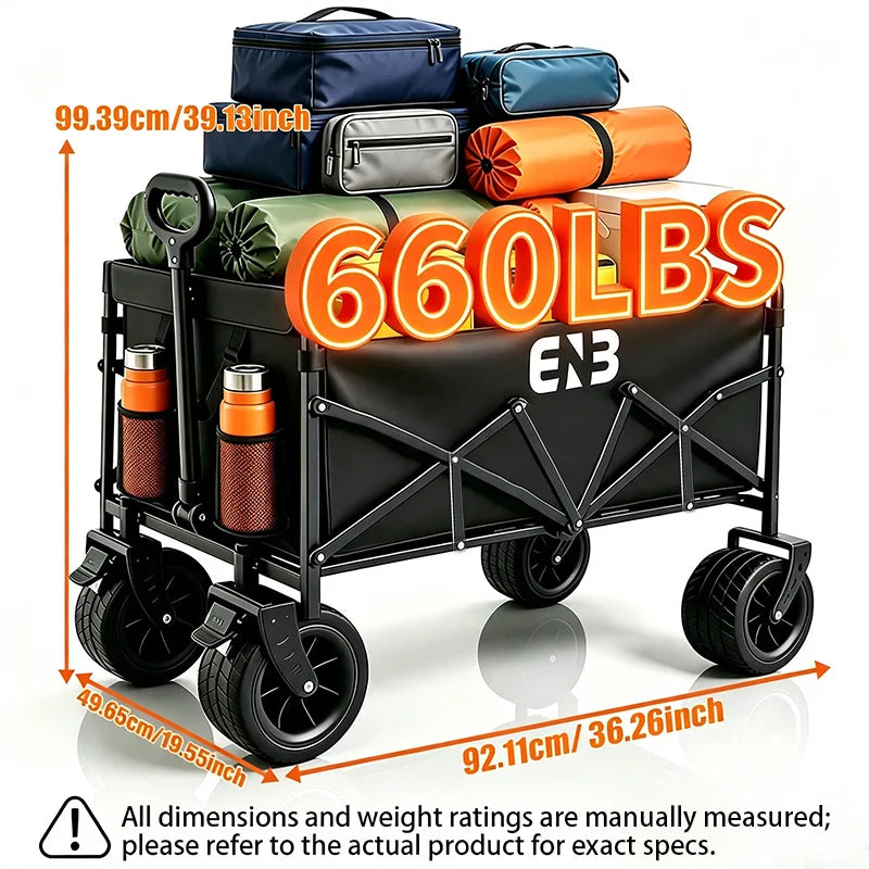 Quiet All-Terrain Folding Multifunctional Shopping Cart—Large Storage Capacity, One-Button Folding for Easy Storage, Black Waterproof Oxford Fabric with Side Cup Holders—Ideal for Camping, Outings, Gardening, and Heavy-Du
