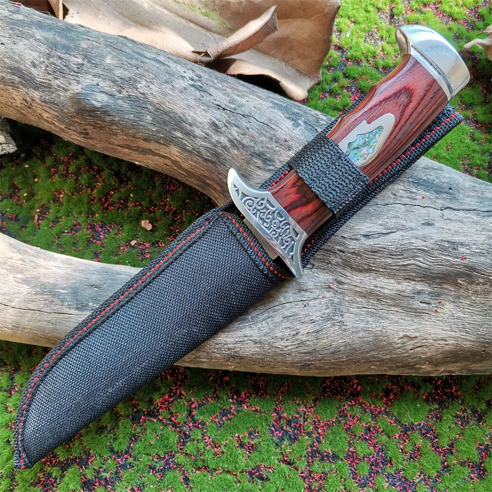 Outdoor Camping Knife, Fixed Blade Straight Knife with Wood Handle, 7Cr13 Steel Blade, Tactical and Survival Tool with Scabbard