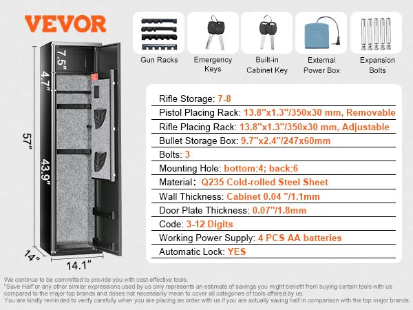 SucceBuy 3-8 Rifles Gun Safe w/ Digital Keypad & Lock Gun Storage Cabinet with Removable Storage Shelf for Home Long Gun Pistols