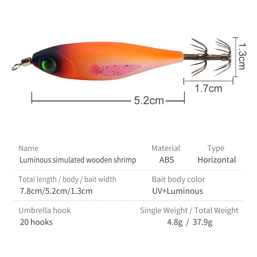 5Pcs UV Glow Squid Jig Egi Lures Sharp Hooks Luminous Wooden Shrimp Bait Saltwater Octopus Cuttlefish Sea Fishing Tackle Kit