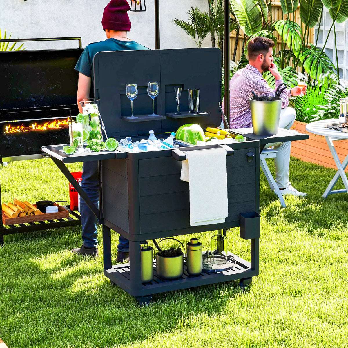 Patio Cooler Cart 104 Quart Rolling Ice Chest with Shelves, Black