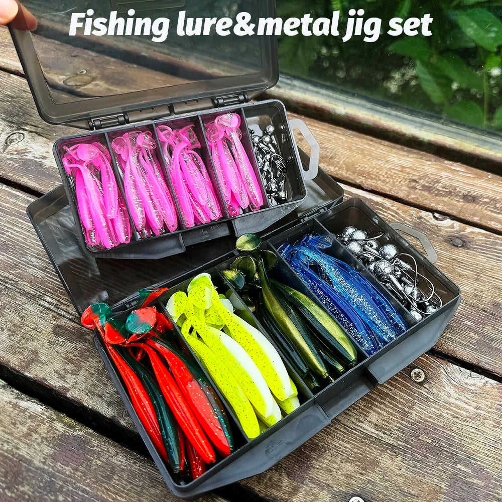 50PCS/Box Metal Jig Bait 5.5cm 7cm 10cm Soft Lure 3g 5g 7g 10g 14g Jigging Head Hook Carp Fishing Box Pesca Sinking Lure Kit