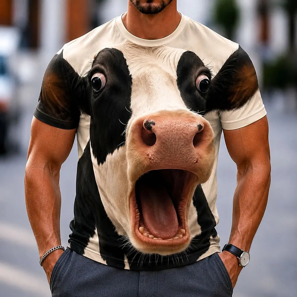 Men's Funny Cow 3D Big Face Print T-Shirt Realistic & Cartoon Dairy Humor Graphic Crew Neck Short Sleeve Tee
