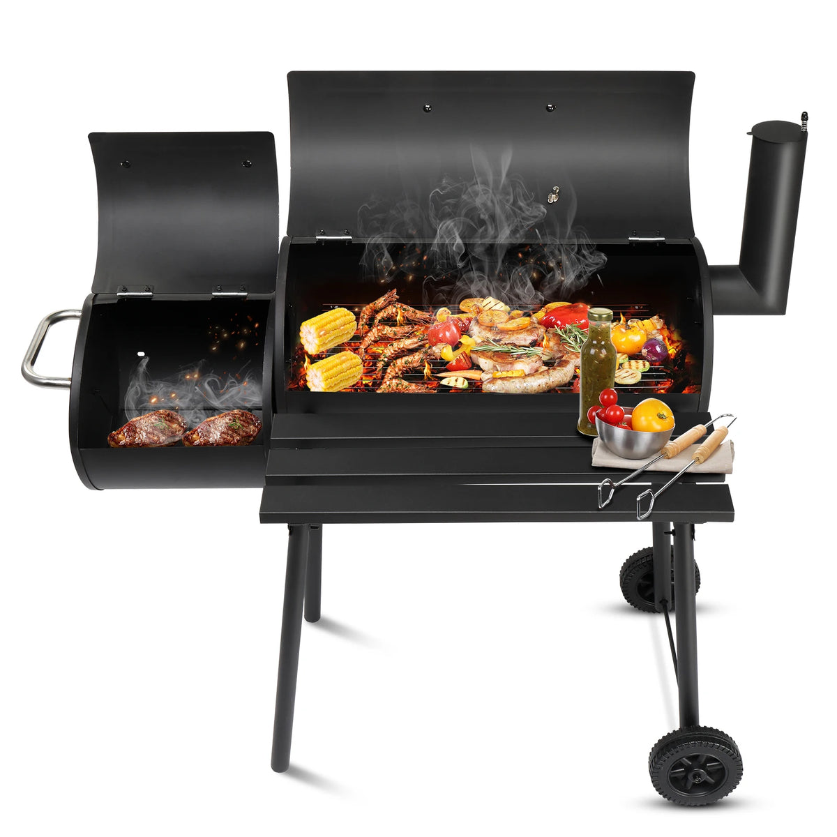 Barrel Charcoal Grill with Offset Smoker, All Metal Outdoor Smoker with Side Table and Wheels for Outdoor Garden Patio