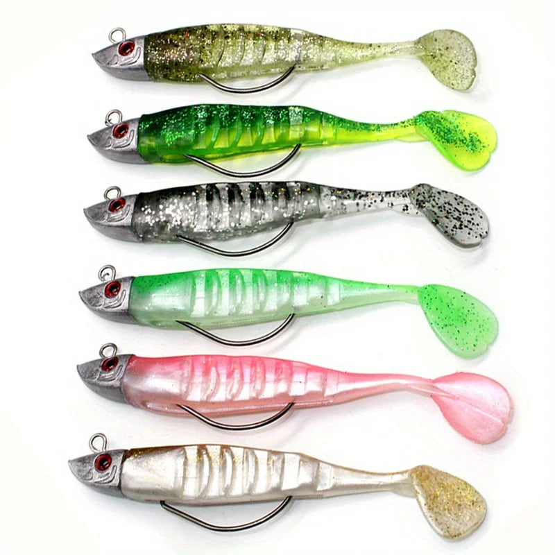 Mixed 6-Piece Set of Jig Head Soft Baits, 3.94inch / 5.12inch Paddle Tail Swimbaits with Jig Heads Suitable for Saltwater and Freshwater Fishing, Detachable Lures, Suitable for Bass, White Catfish, Rockfish