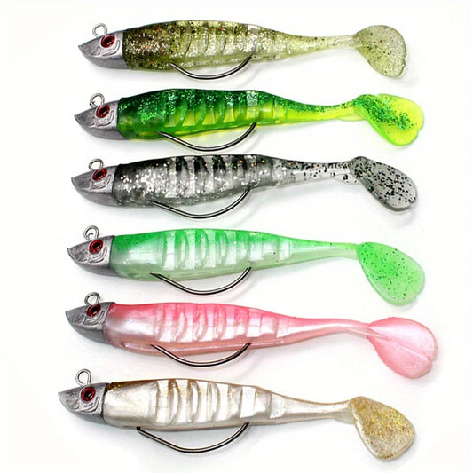 Mixed 6-Piece Set of Jig Head Soft Baits, 3.94inch / 5.12inch Paddle Tail Swimbaits with Jig Heads Suitable for Saltwater and Freshwater Fishing, Detachable Lures, Suitable for Bass, White Catfish, Rockfish