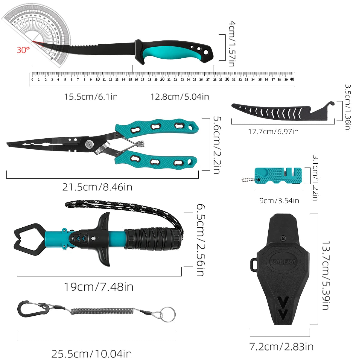 RALERA Saltwater Resistant Fishing Gear Tackle Kit: Fillet Knife, Fish Lip Gripper, Split Ring Fishing Pliers, Fishing Gifts for