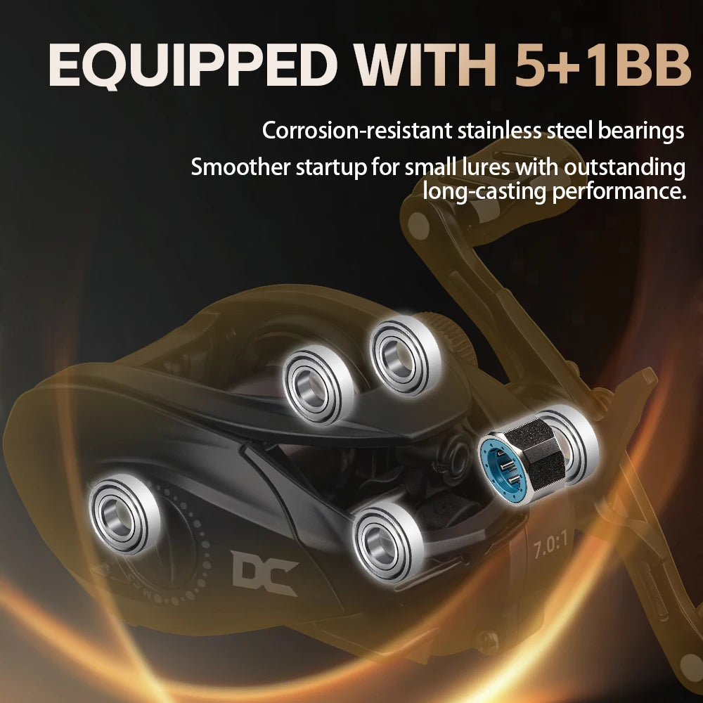 FISHINFANS C1DC Baitcasting Fishing Reel Long Cast Max Drag 5kg Carbon Washers Brass Gears 7.0:1 5+1B DC Fishing Reel