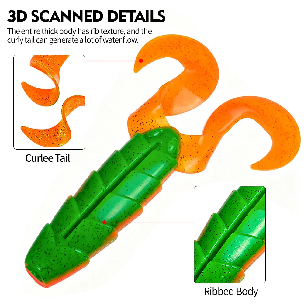 Sunlure 1/2/3PCS Large Double Curly Tail Lure Silicone Soft Plastic Worm Bait Ribbed Body Artificial Saltwater Fishing Tackle