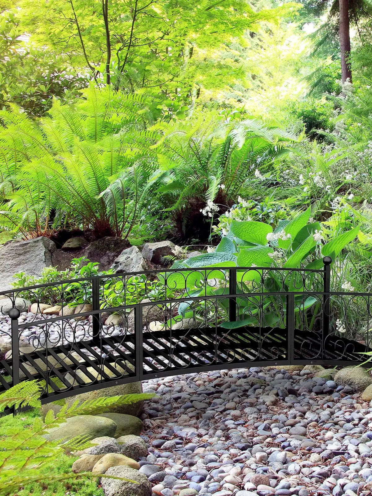 3.3FT Metal Arch Zen Garden Bridge with Safety Siderails Black