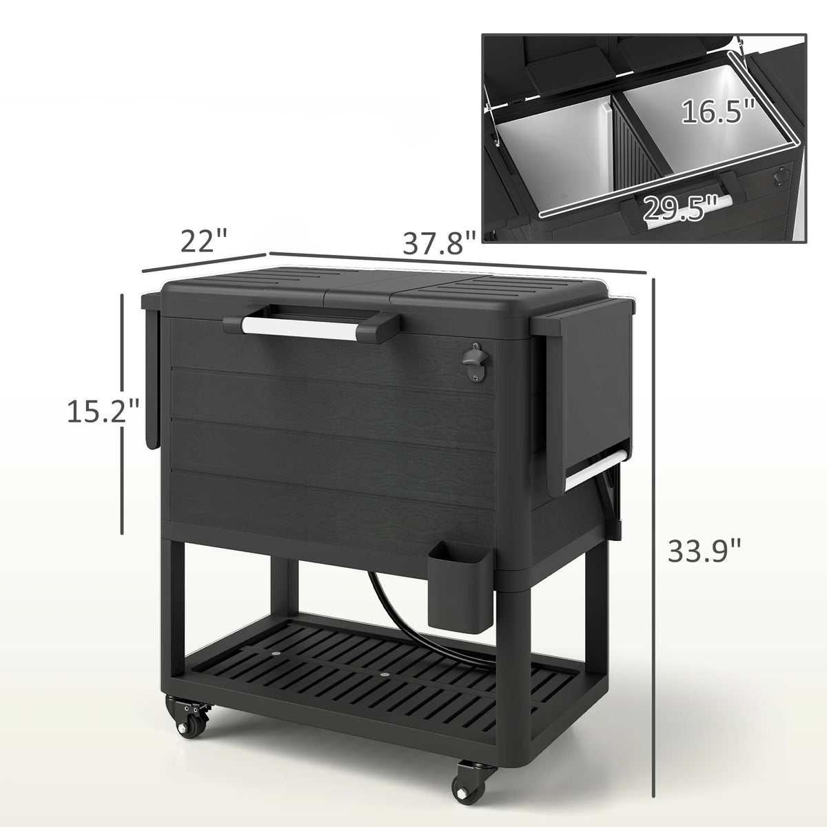 Patio Cooler Cart 104 Quart Rolling Ice Chest with Shelves, Black
