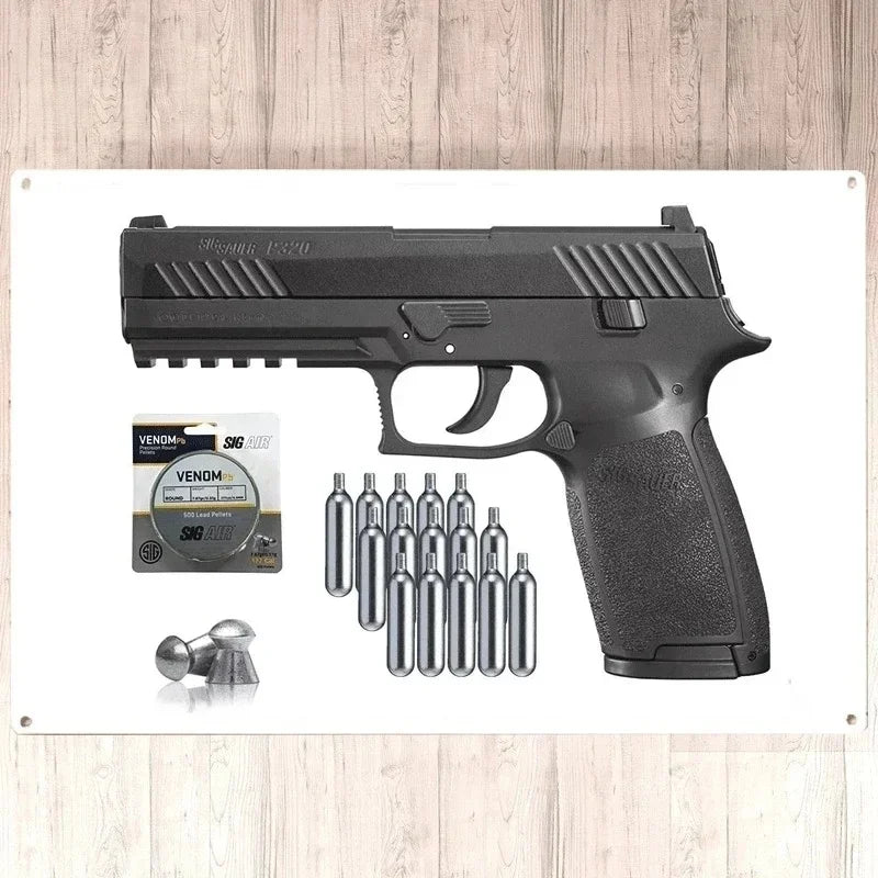 Rodent Control Tools SIG Sauer P320 Air Pistol with CO2 12 Gram (15 Pack) and 500 Lead Pellets Home Decor Metal Wall Sign