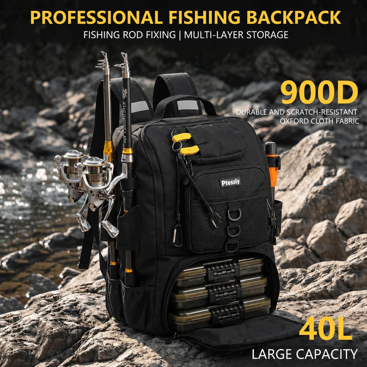 40L Large Capacity Fishing Backpack, 900D Water Resistant Oxford Tackle Bag with Dual Rod Holders for Outdoor Saltwater