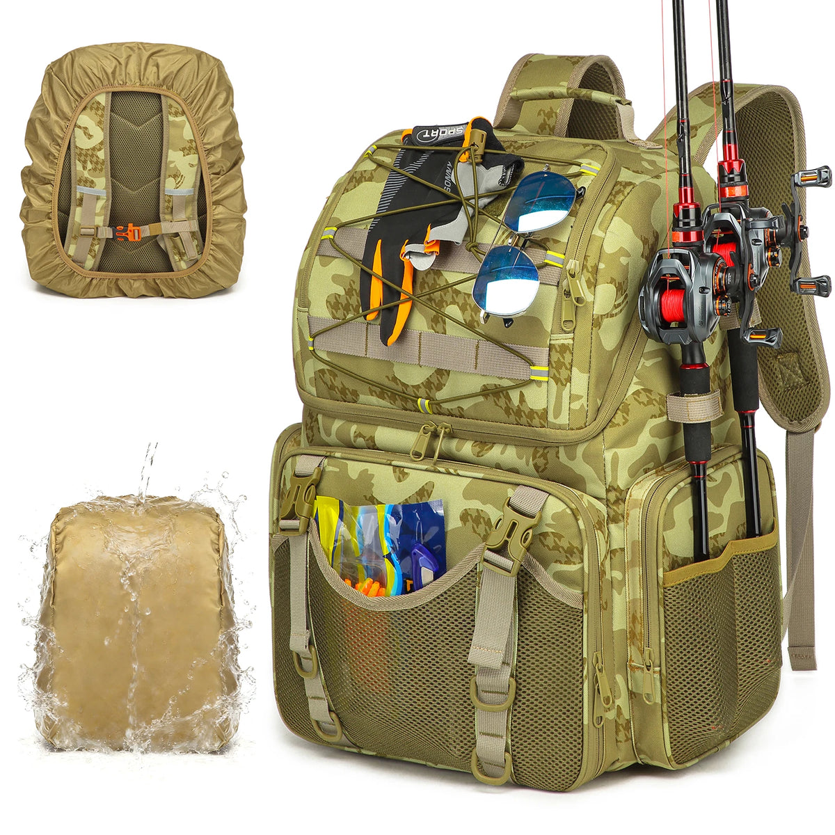 Fishing Backpack 45L Cooler Fishing Tackle Storage Bag with Rod Holders & Rain Cover Camping Hiking Outdoor Multifunctional Bag