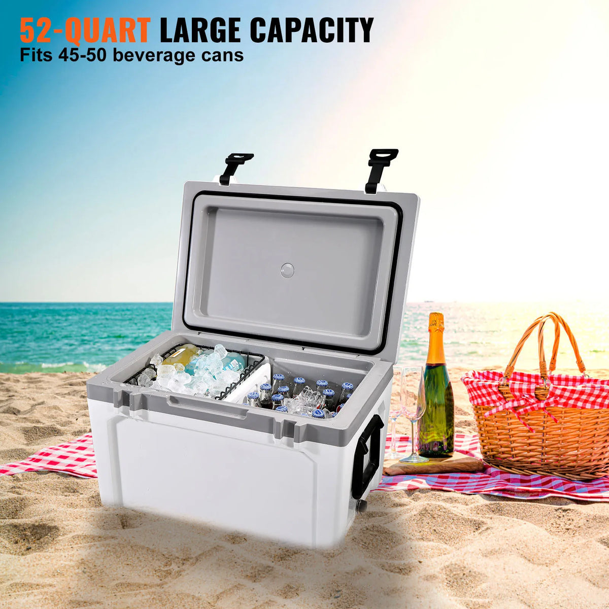 SucceBuy 52 QT Portable Hard Cooler Fully Insulated Ice Chest Cooling Box Goods Basket for Beach Outdoor Camping Travel